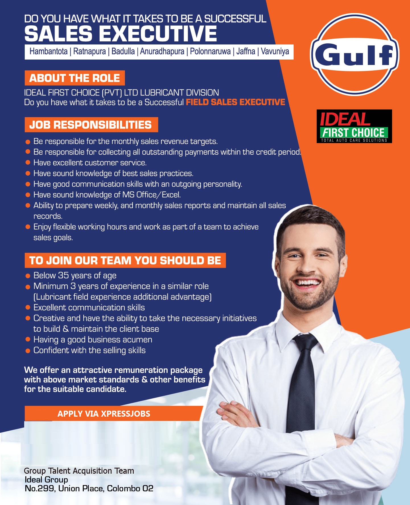 Sales Executive | Hambanthota / Ratnapura / Badulla / Anuradhapura /  Polannaruwa / Vavuniya - Ideal Group | XpressJobs