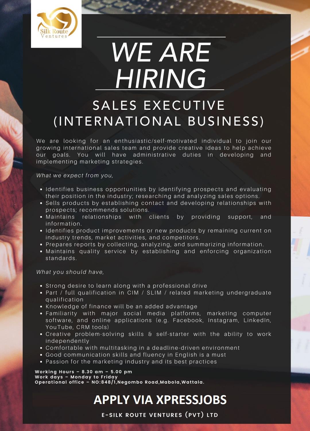 Sales Executive - International Business | Wattala - E-Silk Route Ventures  (Pvt) Ltd | XpressJobs
