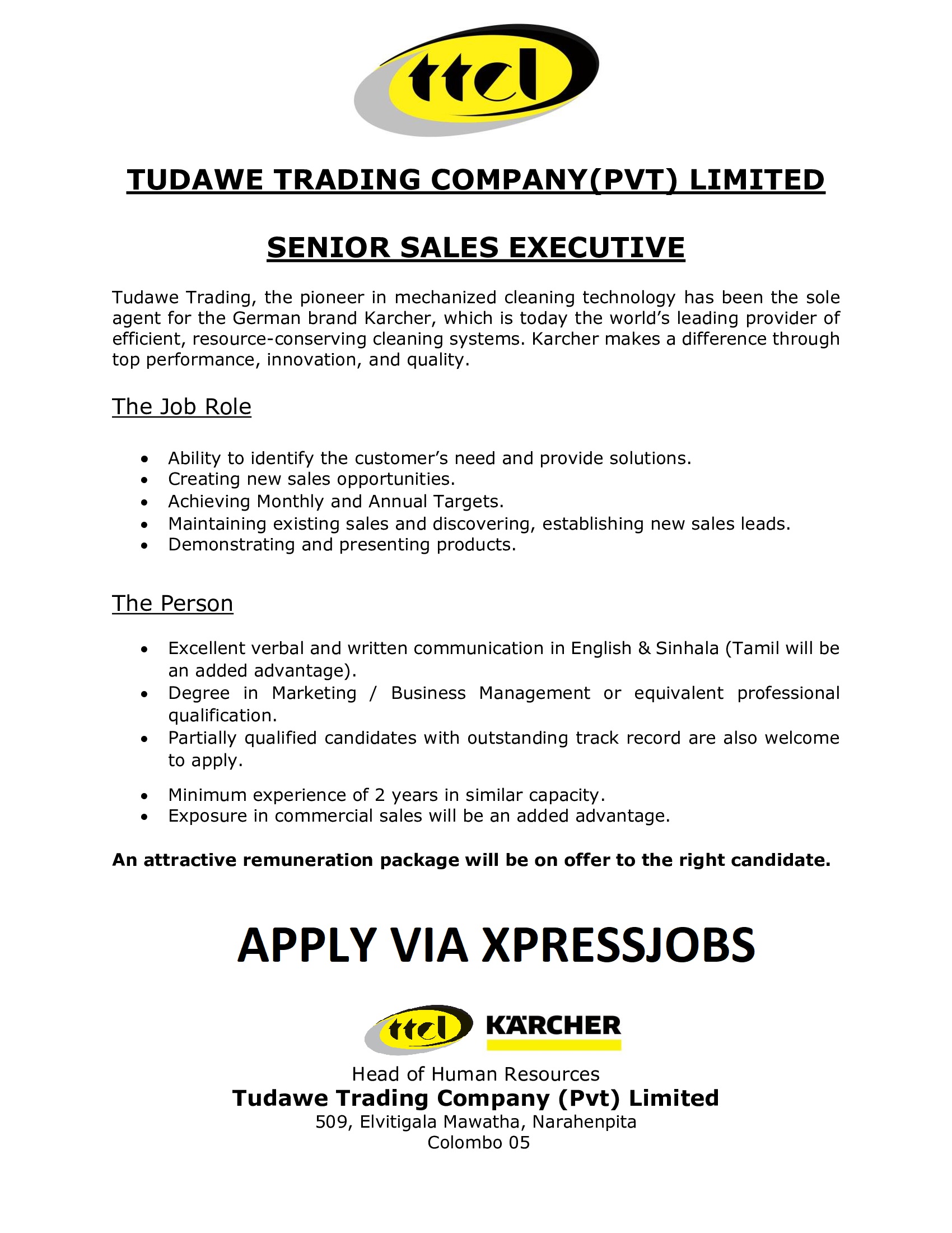 Senior Sales Executive - Tudawe Trading Co (Pvt) Ltd | XpressJobs
