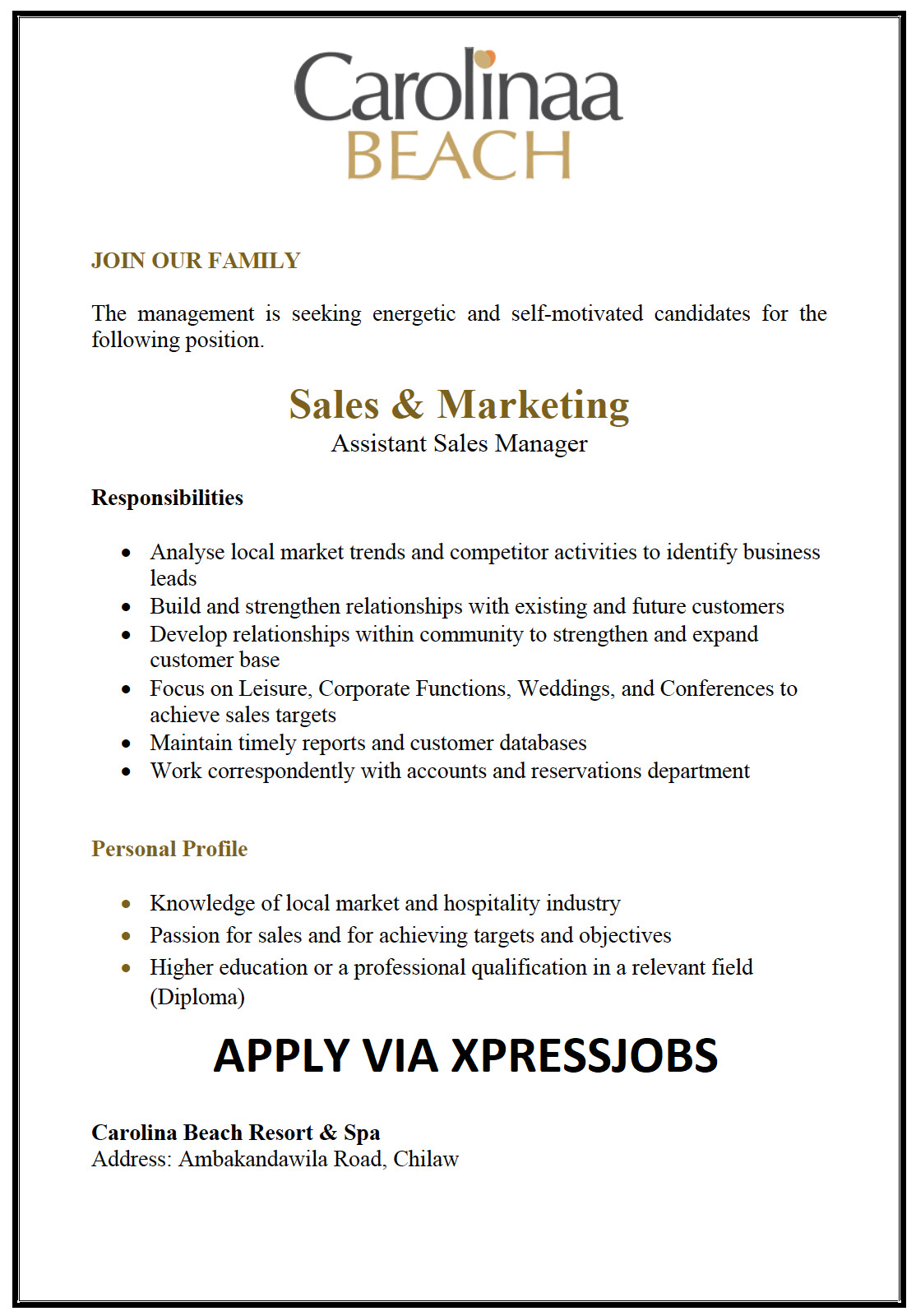 Assistant Sales Manager - Carolina Beach Hotel (Pvt) Ltd | XpressJobs