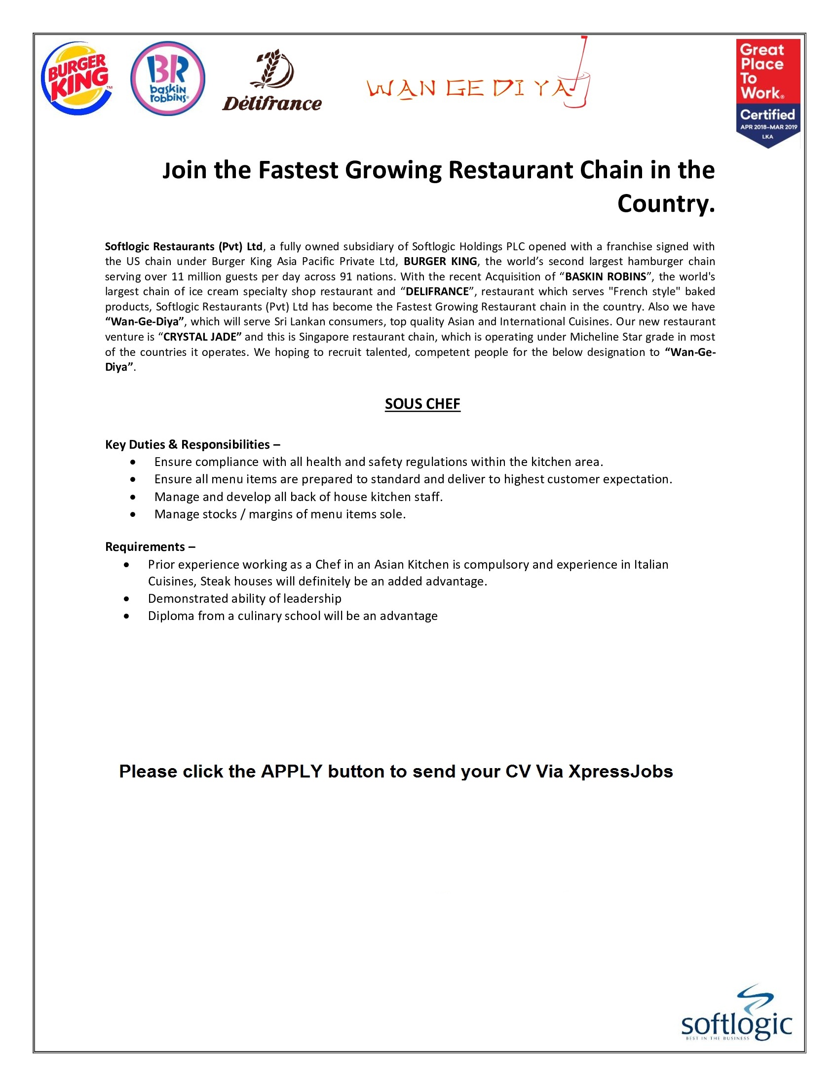 Sous Chef Softlogic Restaurants Pvt Ltd Xpressjobs