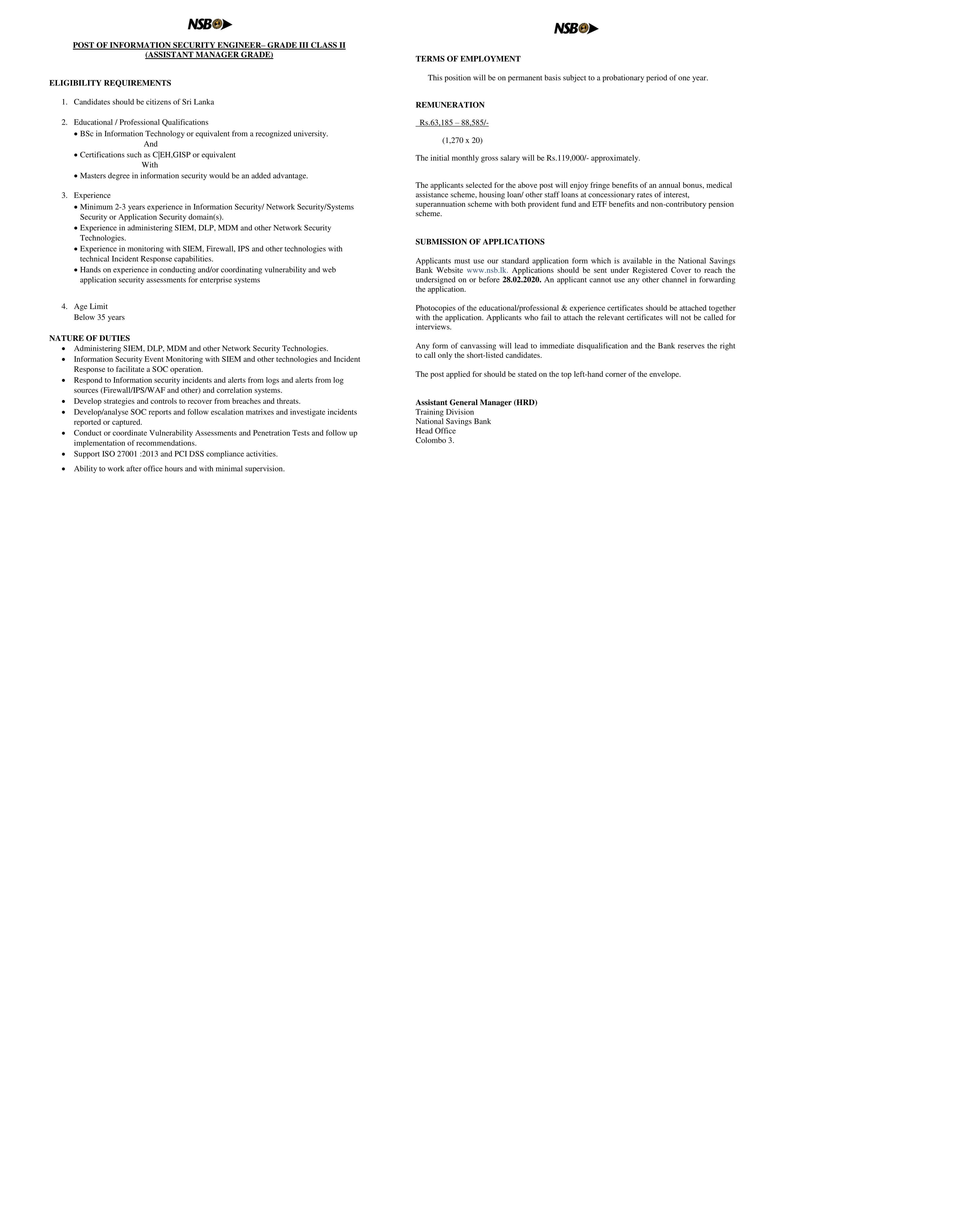 Information Security Engineer National Savings Bank Xpressjobs