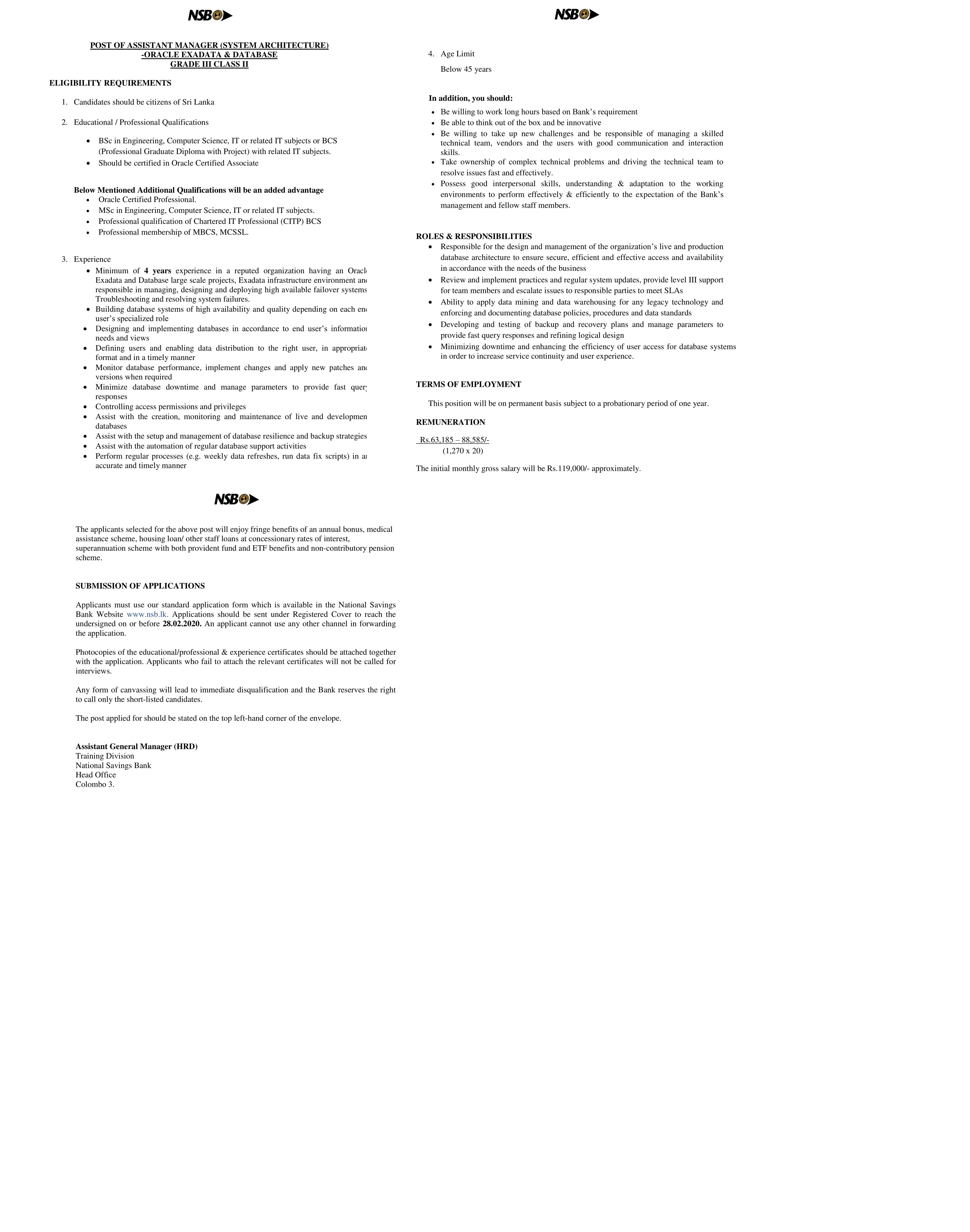 Assistant Manager System Architecture National Savings Bank