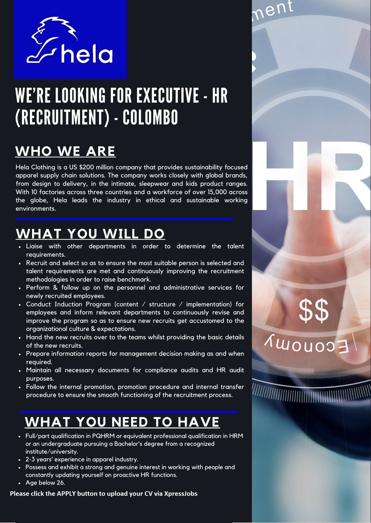 Executive HR Recruitment Colombo Hela Clothing Pvt Ltd XpressJobs
