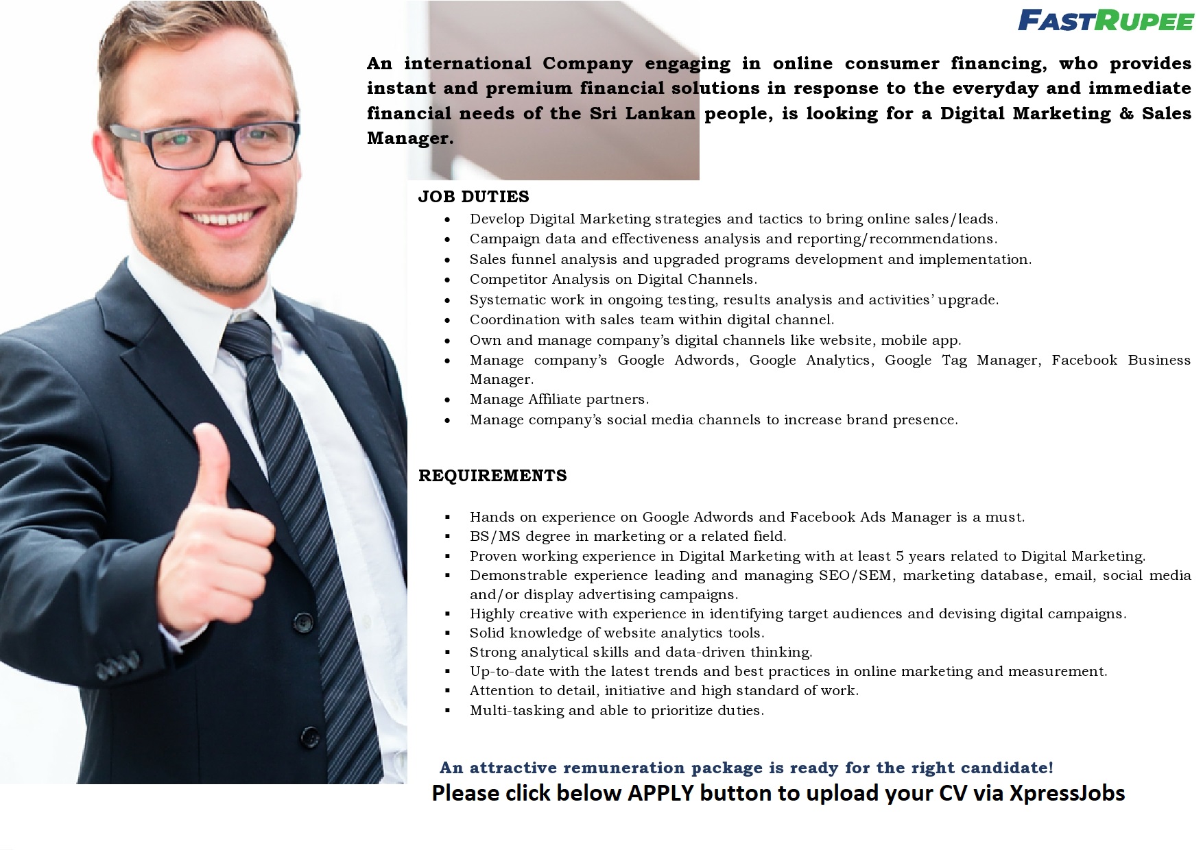 Digital Marketing & Sales Manager - Fastrupee (Pvt) Ltd | XpressJobs