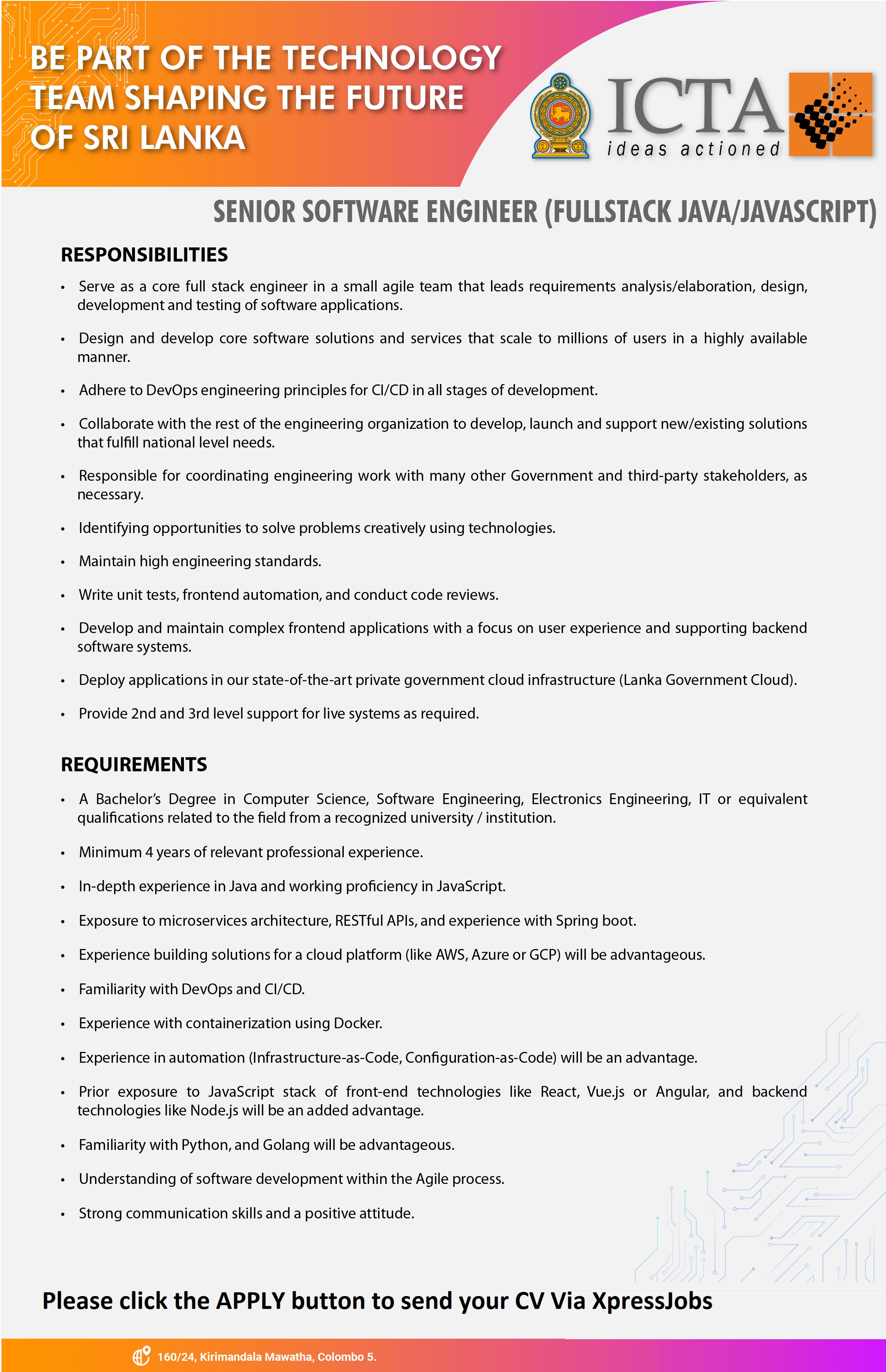 Senior Software Engineer (Full Stack Java/Javascript) - Ict Agency Of Sri  Lanka | Xpressjobs