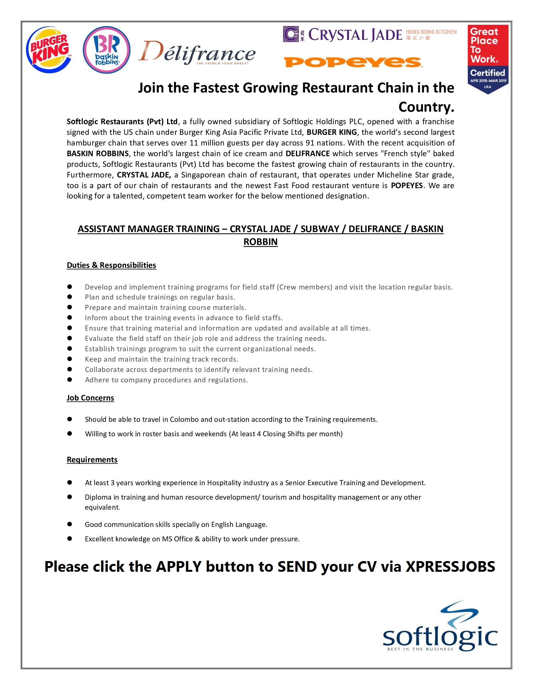 Assistant Manager Training - Crystal Jade / Subway / Delifrance / Baskin  Robbin - Softlogic Restaurants Pvt Ltd | XpressJobs