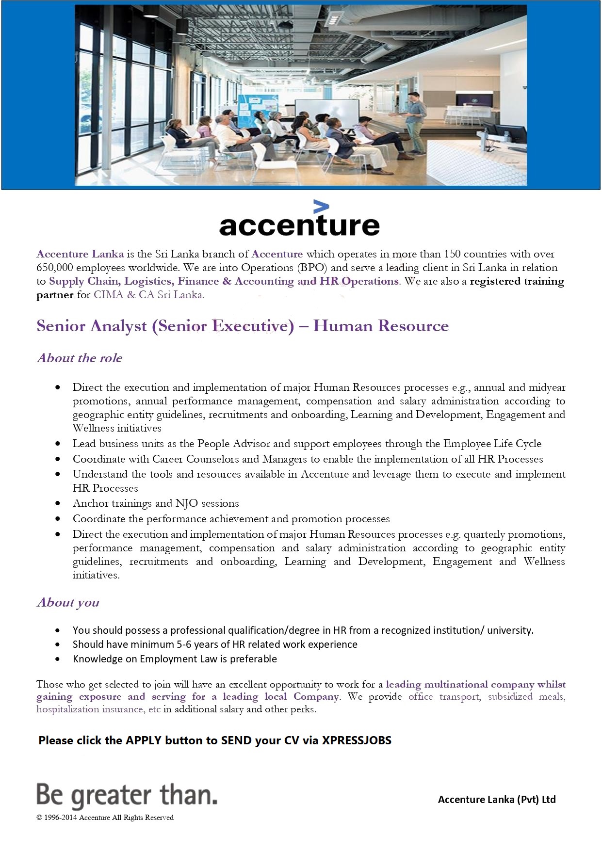 Senior Analyst (Senior Executive) – Human Resource - Accenture Lanka |  XpressJobs