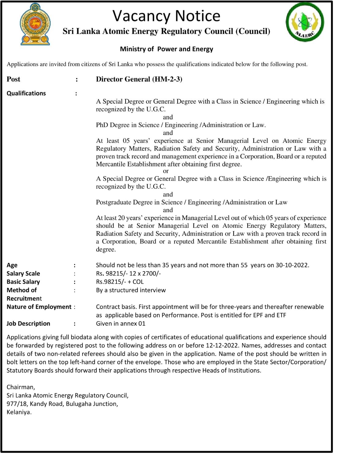 Director General (HM-2-3) - Sri Lanka Atomic Energy Regulatory Council  (Council) | XpressJobs