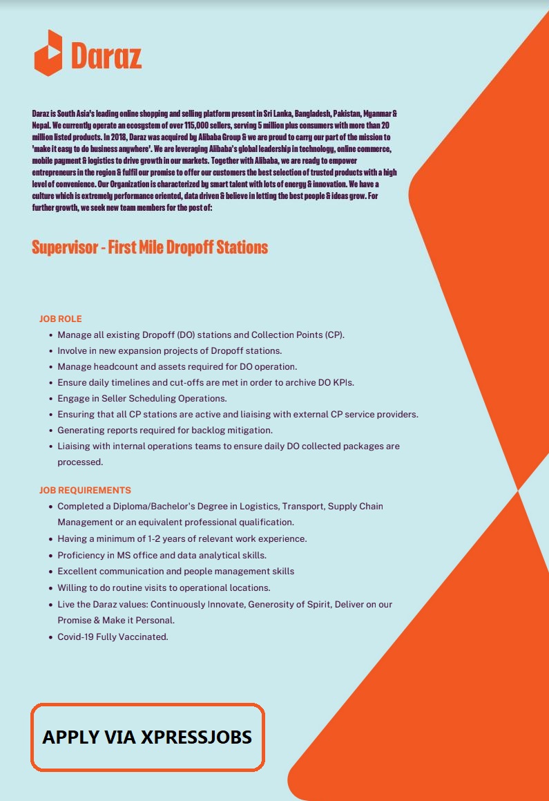 Supervisor - First Mile Dropoff Stations - Daraz | XpressJobs