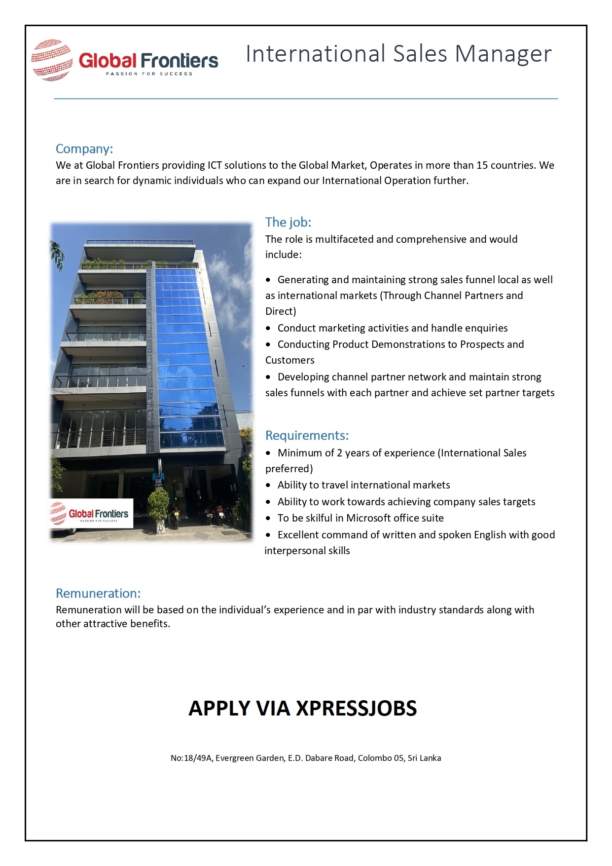 International Sales Manager - Global Frontiers (Pvt) Ltd | XpressJobs