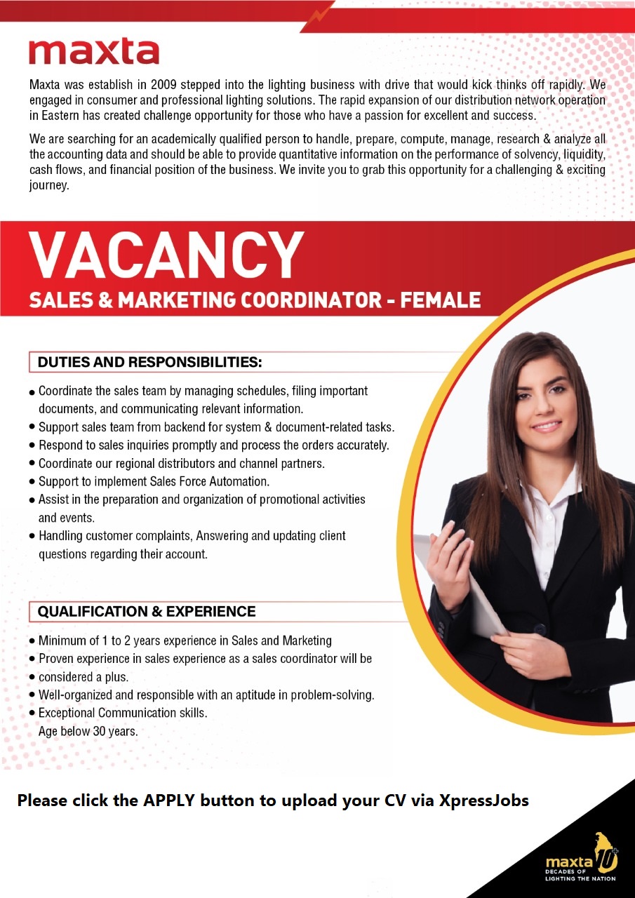 Sales and Marketing Coordinator - Female - Maxta Lanka (pvt) Ltd |  XpressJobs