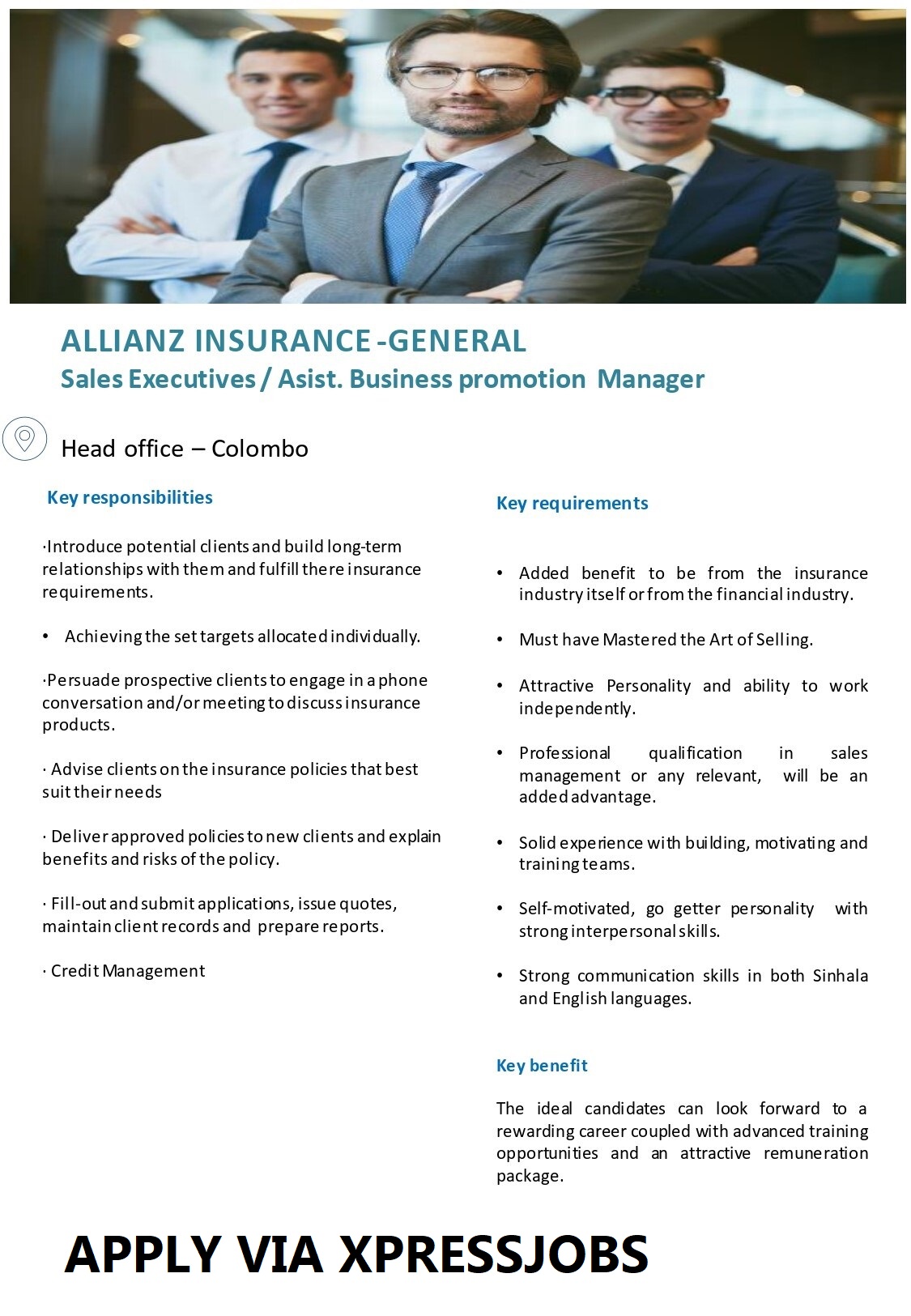 Sales Executives / Assistant Business Promotion Manager | Head Office –  Colombo - Company Name Withheld 542 | XpressJobs