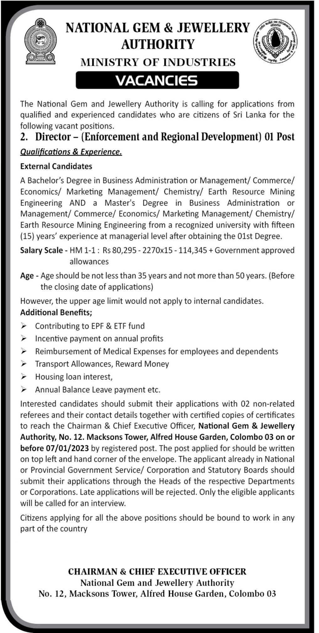 Director - (Enforcement and Regional Development) - National Gem and  Jewellery Authority | XpressJobs